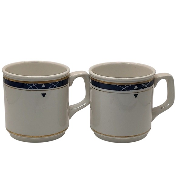 Vintage Homer Laughlin Coffee Mugs White Blue with Gold Trim Embossed Set of Two - Picture 1 of 10